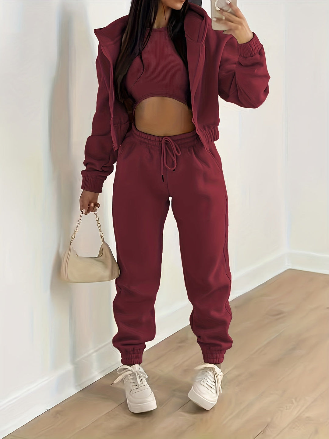 Antonia - Ensemble décontracté élégant avec crop top, veste à capuche et pantalon jogging