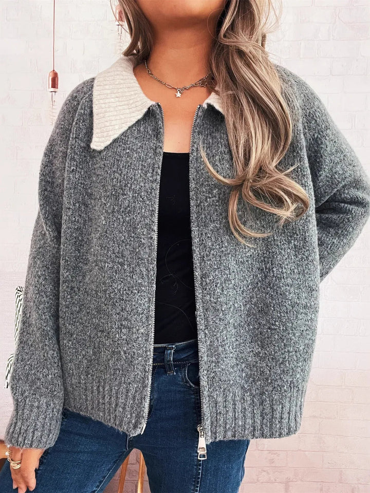 Zinaida - Cardigan élégant zippé avec col contrasté