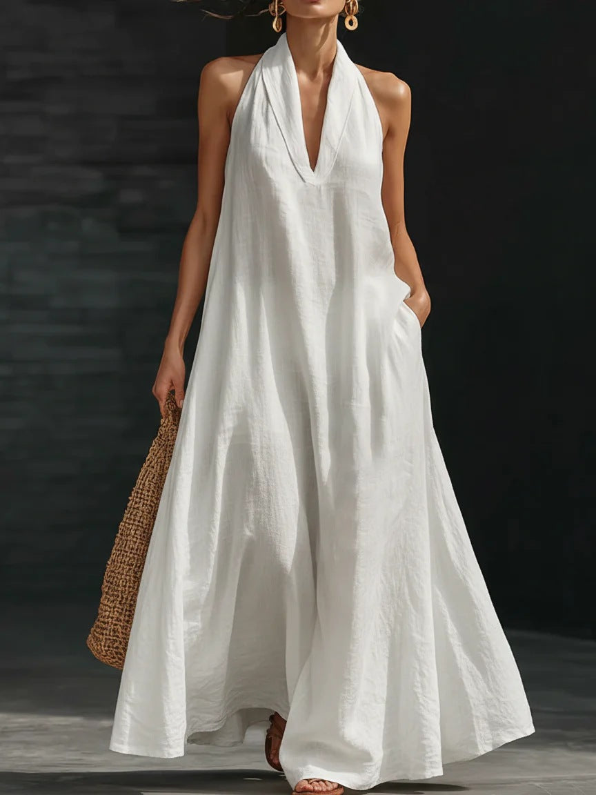 Leonora - Robe longue élégante ample à col halter et col V