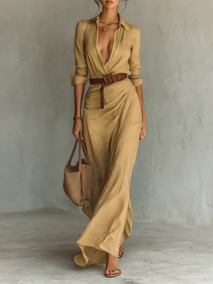 Wendolyn - Robe maxi élégante portefeuille à manches longues avec ceinture