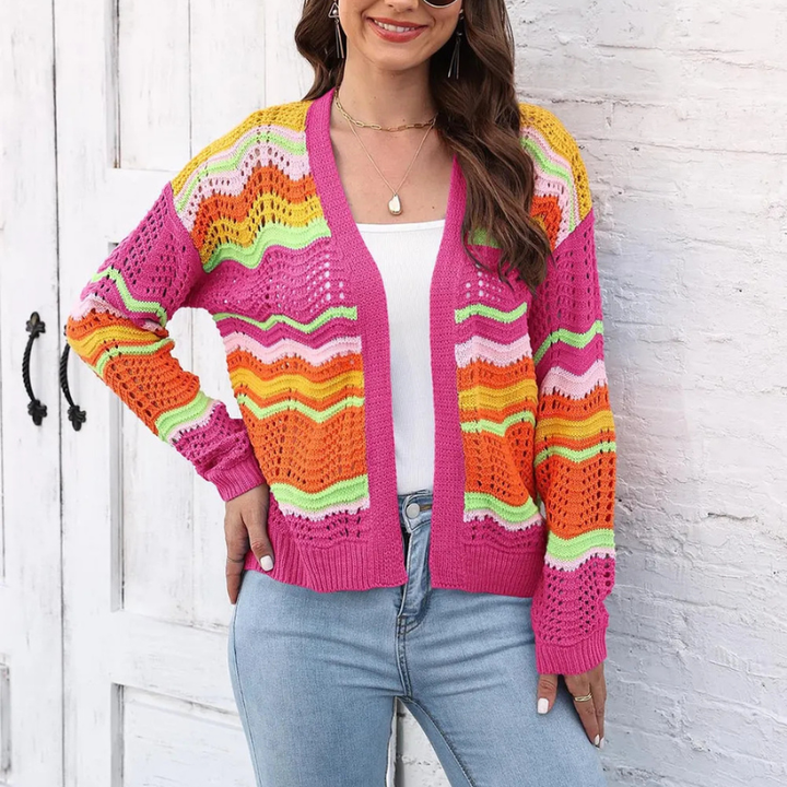 Rosalynn - Cardigan coloré stylé à maille ajourée et devant ouvert