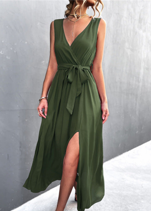 Lynda - Robe élégante sans manches à col V avec taille nouée et fente