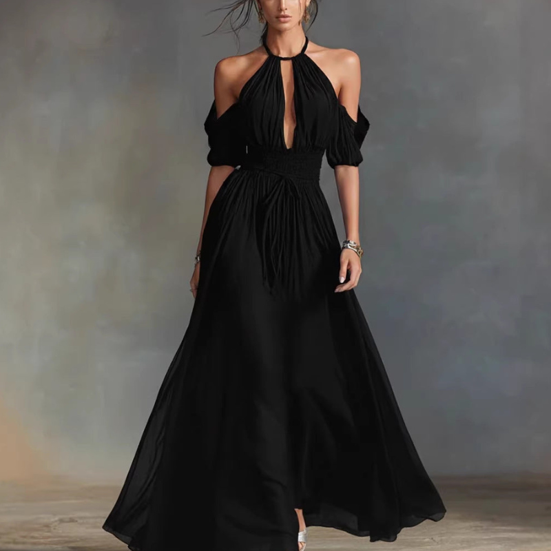 Maggie - Robe longue élégante à col halter et épaules dénudées