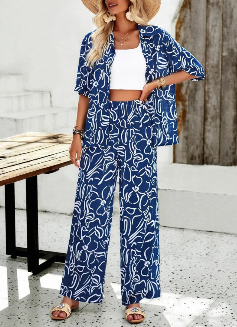 Sydney - Ensemble élégant blouse polo et pantalon à imprimé abstrait