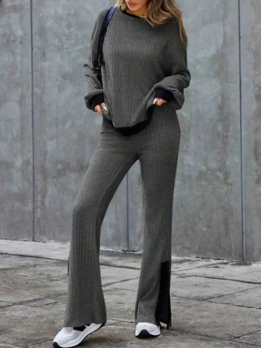 Devora - Ensemble pull col rond contrasté manches longues et pantalon large