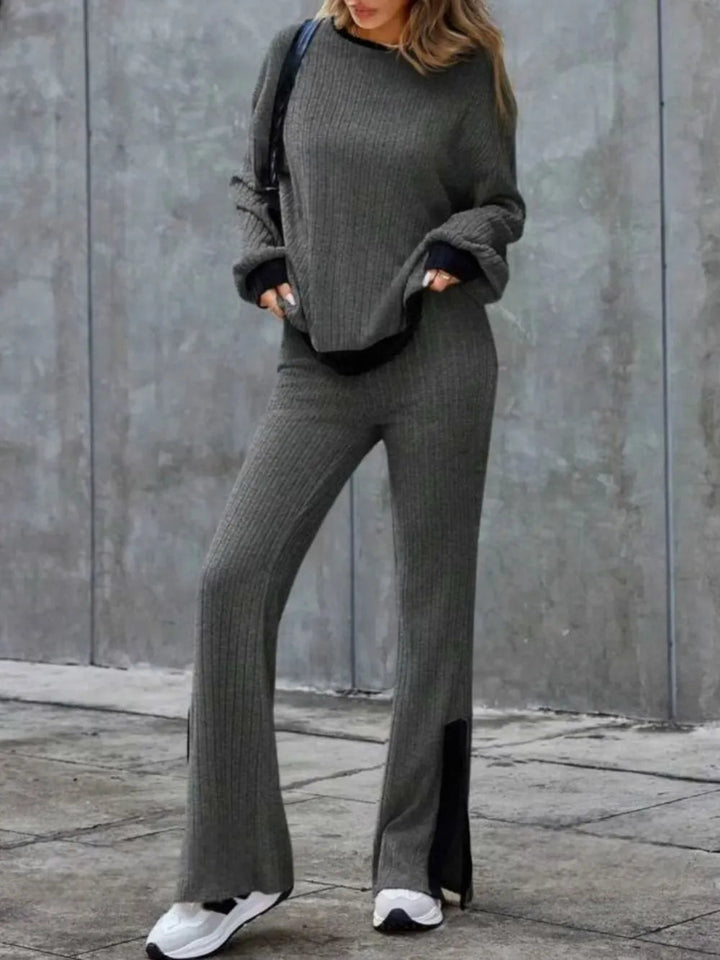 Devora - Ensemble pull col rond contrasté manches longues et pantalon large