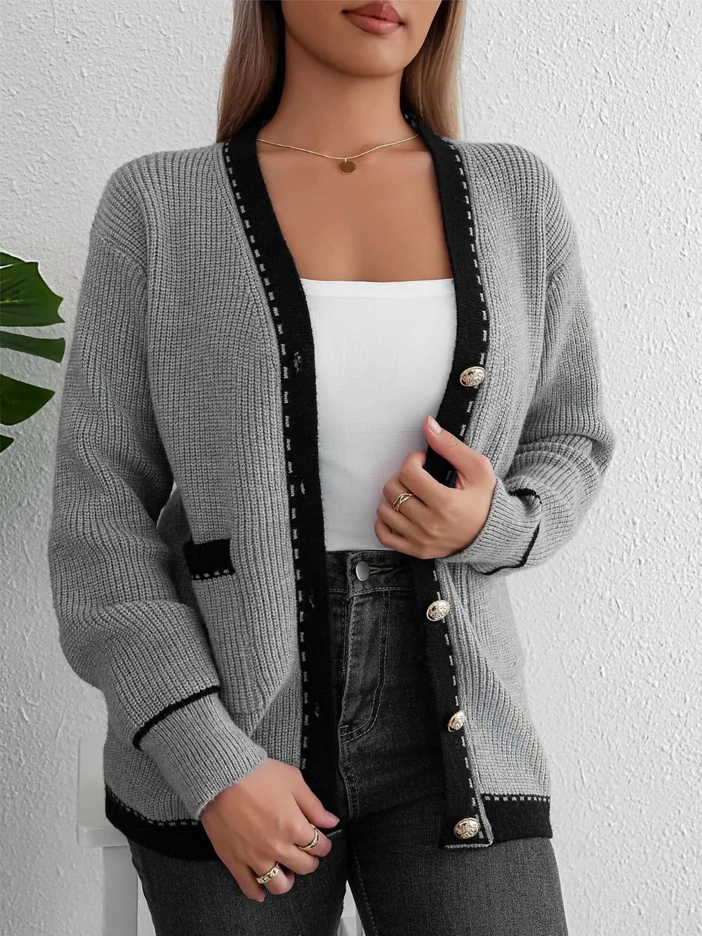 Blessie - Cardigan à boutons avec bordures contrastées et manches longues