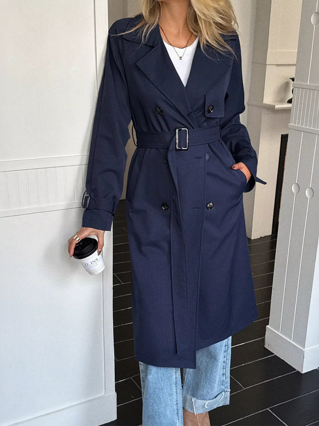 Maine - Trench-Coat Long Décontracté Croisé avec Ceinture
