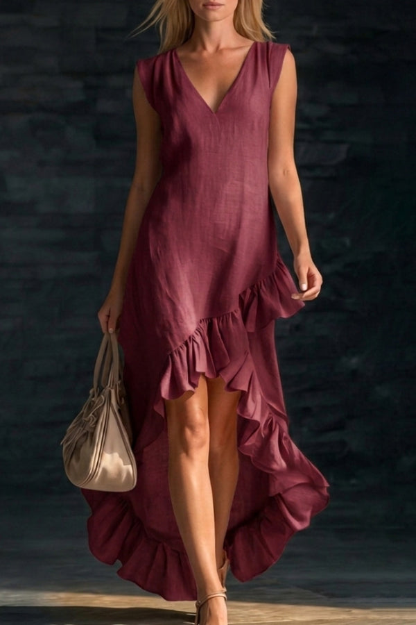 Velinda - Robe longue élégante et ample à col en V sans manches avec ourlet volanté