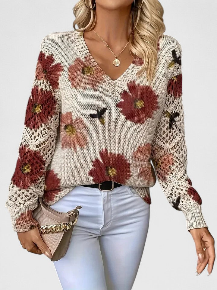 Laryssa - Pull Élégant à Motif Floral Ample et Col V
