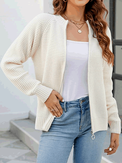 Odette - Cardigan zippé en tricot gaufré stylé