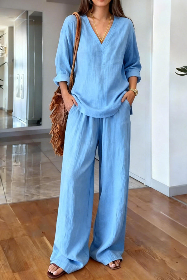 Zorina - Ensemble élégant blouse ample à col V manches longues et pantalon