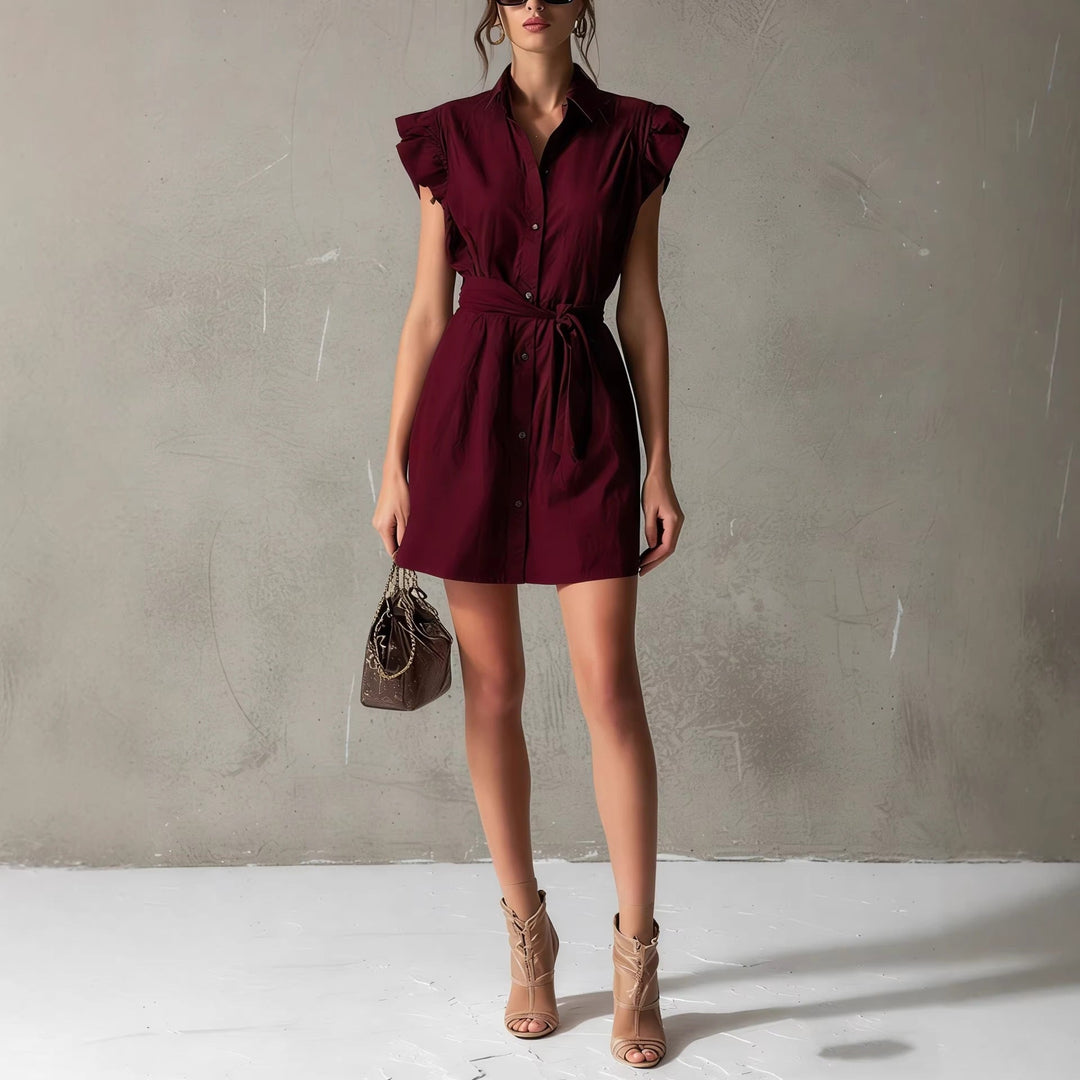 Diane - Robe décontractée à col roulé, manches à volants, boutons et taille nouée
