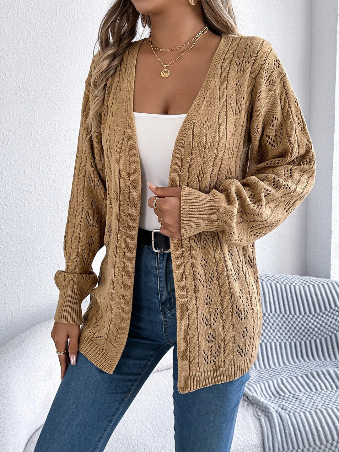 Marigold - Cardigan décontracté en maille torsadée ajourée ouvert