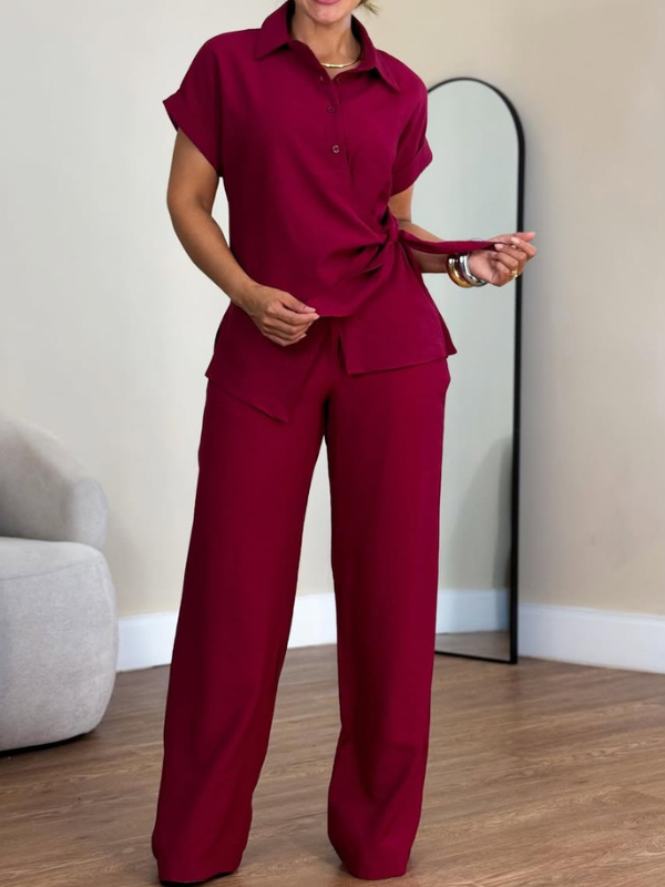 Jade - Ensemble élégant blouse nouée à l’avant à manches courtes et pantalon