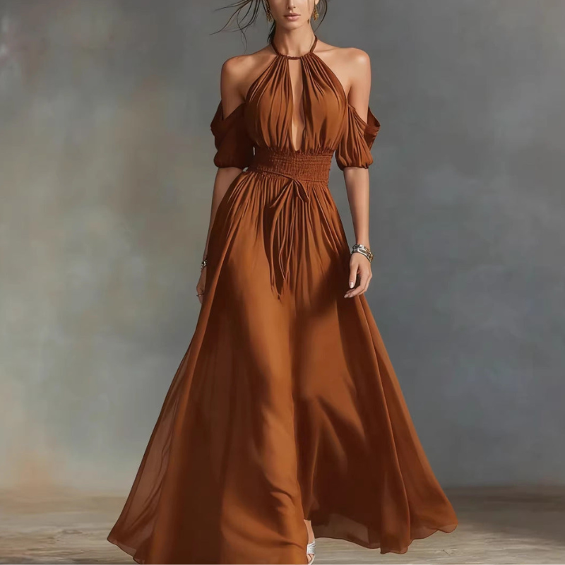Maggie - Robe longue élégante à col halter et épaules dénudées
