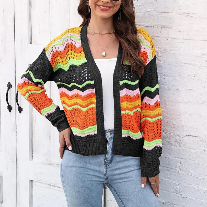 Rosalynn - Cardigan coloré stylé à maille ajourée et devant ouvert