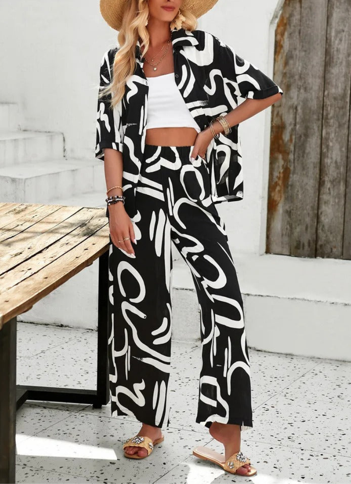 Sydney - Ensemble élégant blouse polo et pantalon à imprimé abstrait