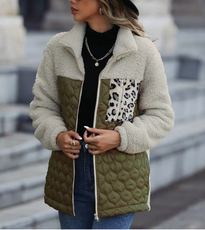 Yvessa - Veste chaude zippée élégante à imprimé léopard color block