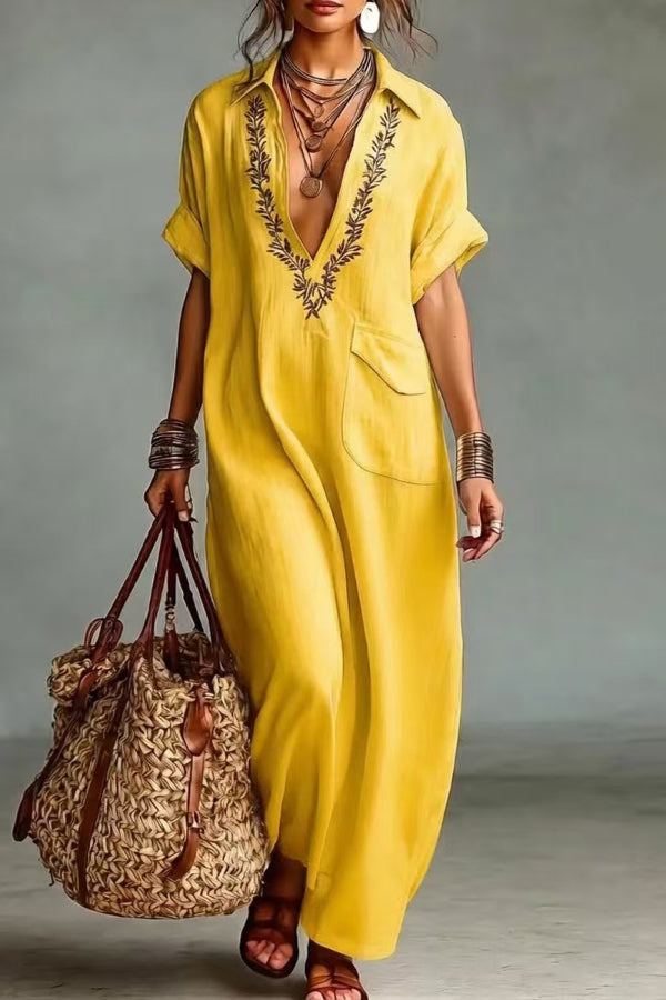 Zayda - Robe longue élégante brodée à col V avec manches courtes amples
