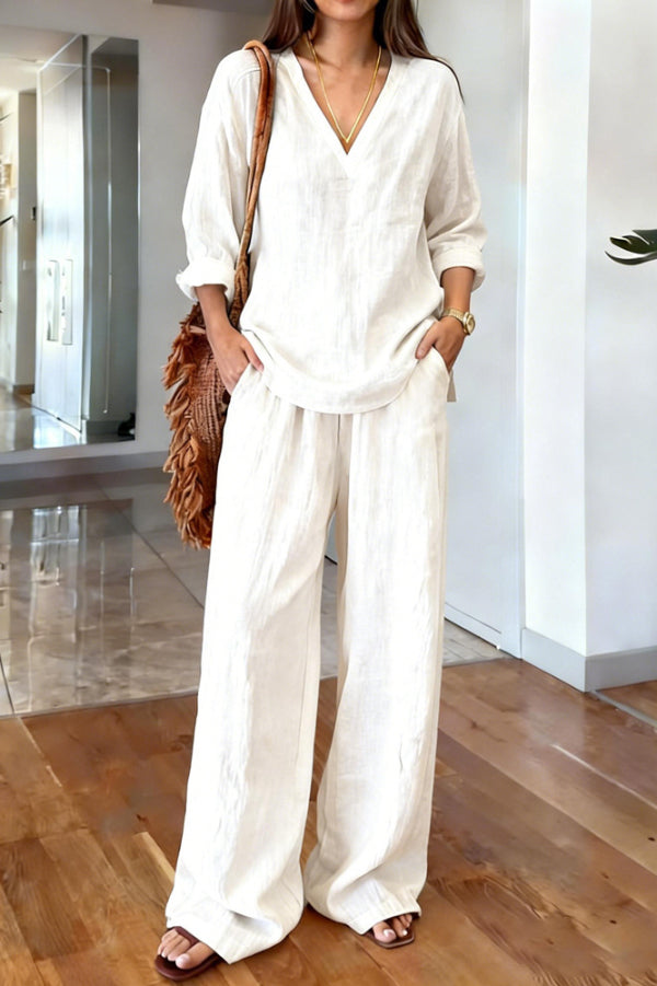 Zorina - Ensemble élégant blouse ample à col V manches longues et pantalon
