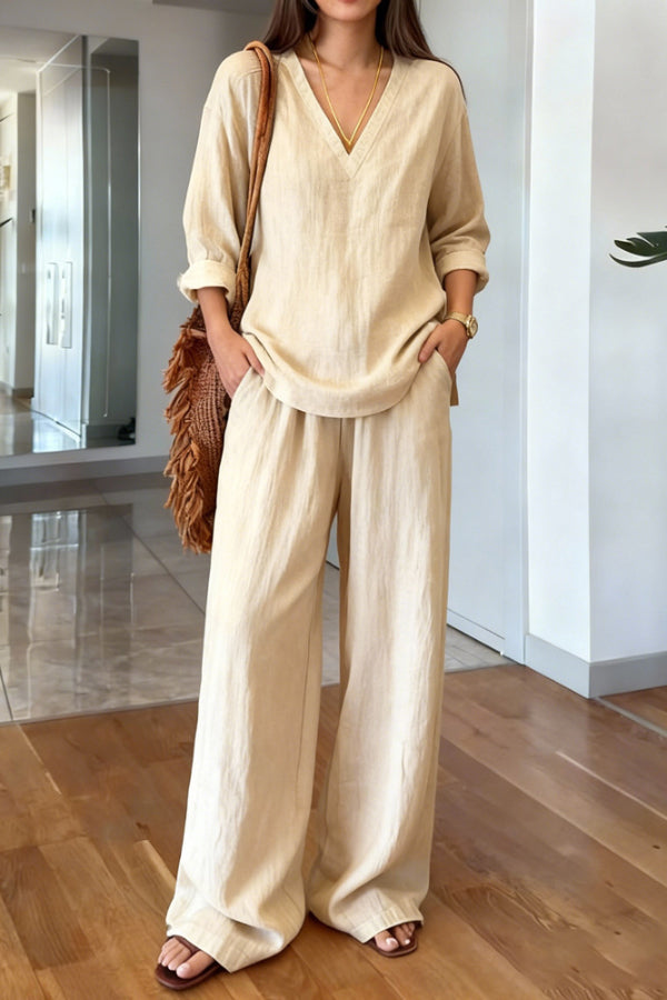 Zorina - Ensemble élégant blouse ample à col V manches longues et pantalon