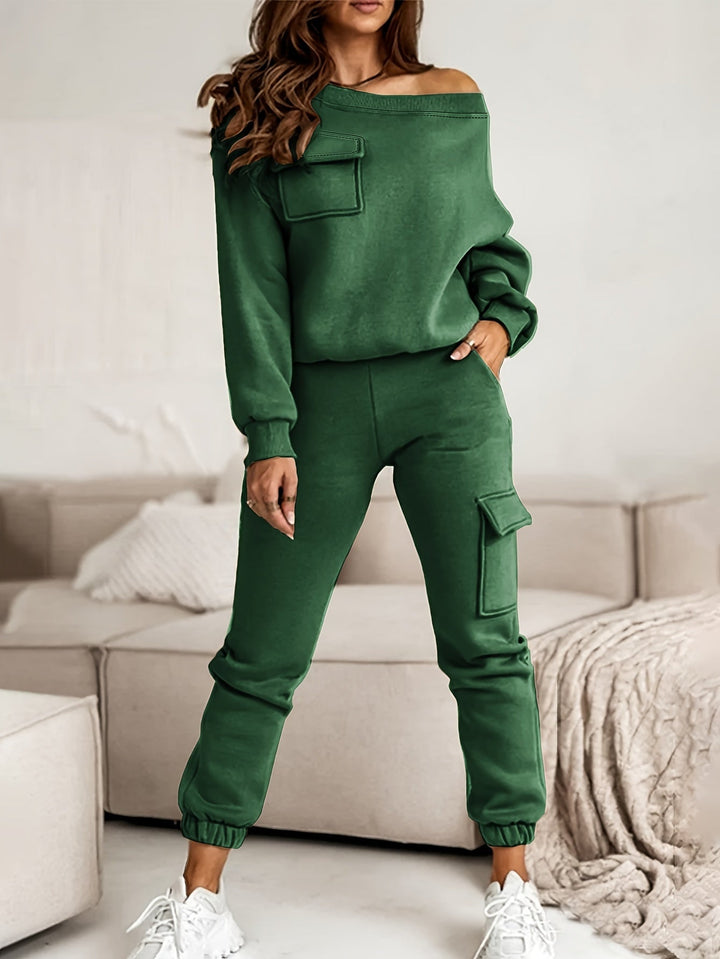 Anne - Ensemble décontracté pull ample épaules dénudées et pantalon cargo jogging