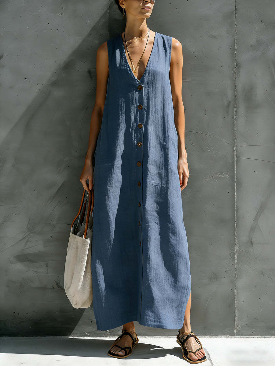 Madeline - Robe longue décontractée ample sans manches à col V boutonné