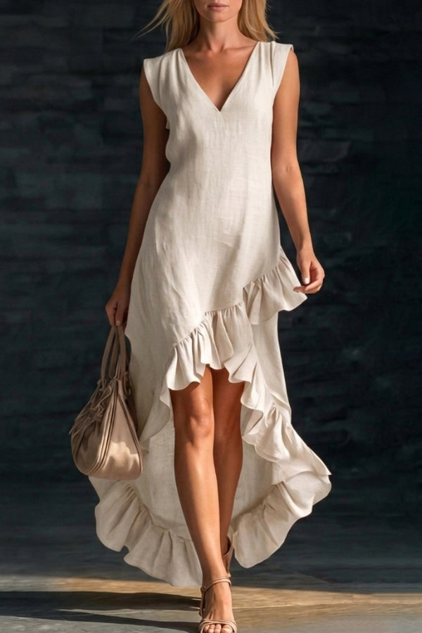 Velinda - Robe longue élégante et ample à col en V sans manches avec ourlet volanté