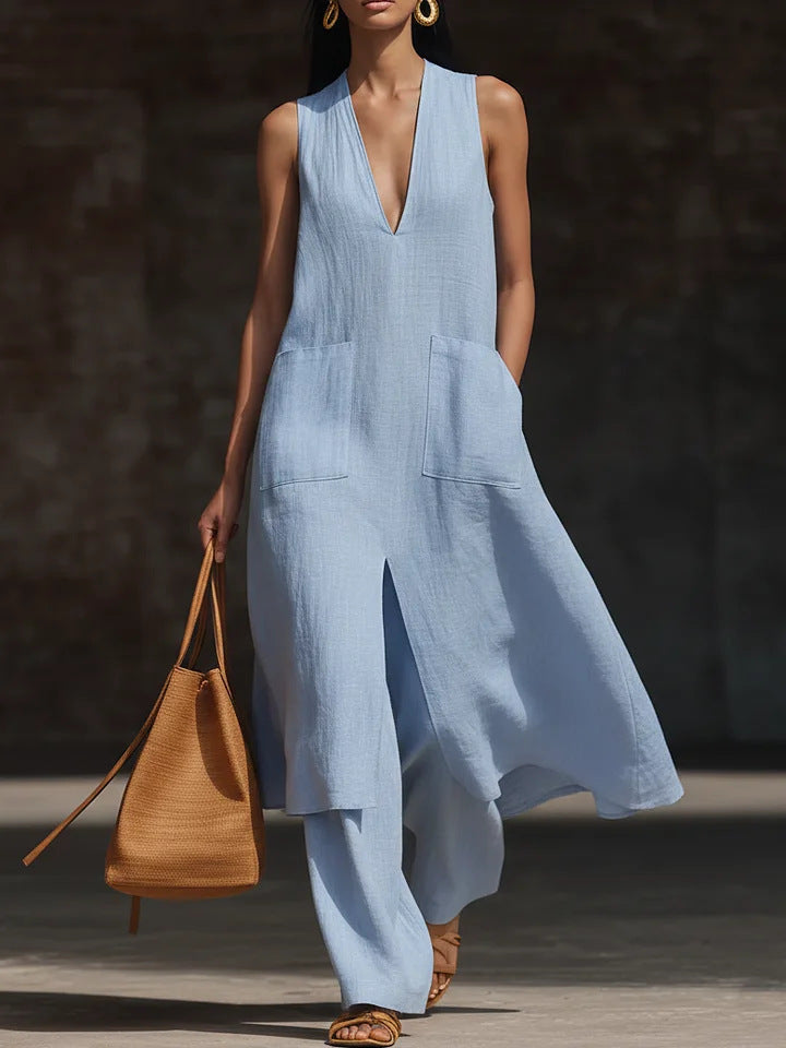 Vania - Ensemble élégant robe ample sans manches à col V avec fente avant et pantalon
