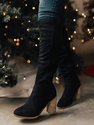 Bottes Hautes Pour Femme - Talon Bloc Et Bout Pointu - Style Western En Daim - Fermeture éclair - Pour Ville Et Décontracté - 13