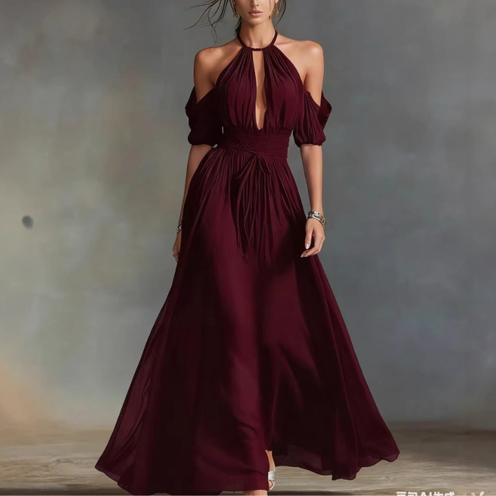 Maggie - Robe longue élégante à col halter et épaules dénudées