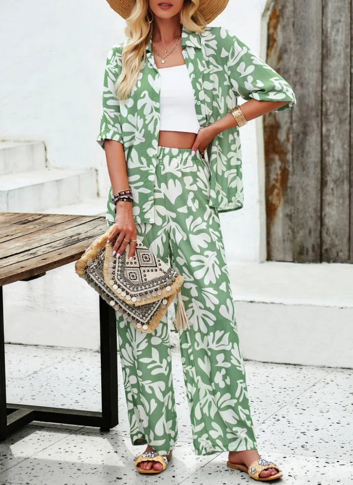 Sydney - Ensemble élégant blouse polo et pantalon à imprimé abstrait