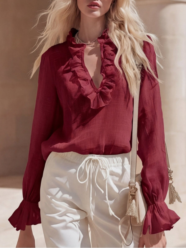 Karyssa - Blouse élégante à volants et col en V à manches longues