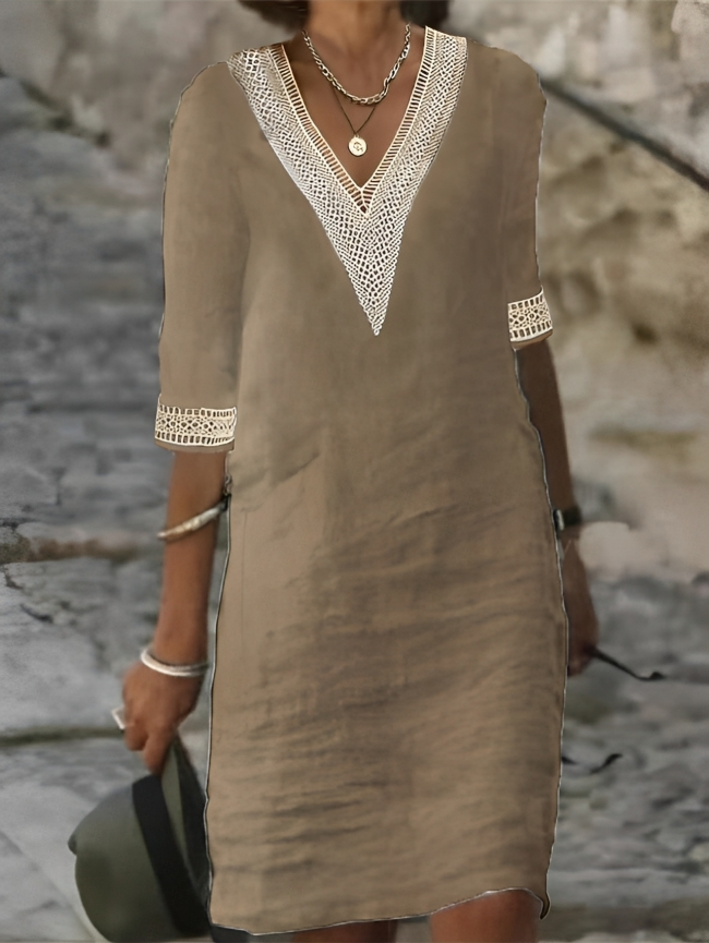 Robe d'été à col en V et détails en crochet pour femmes - Minty