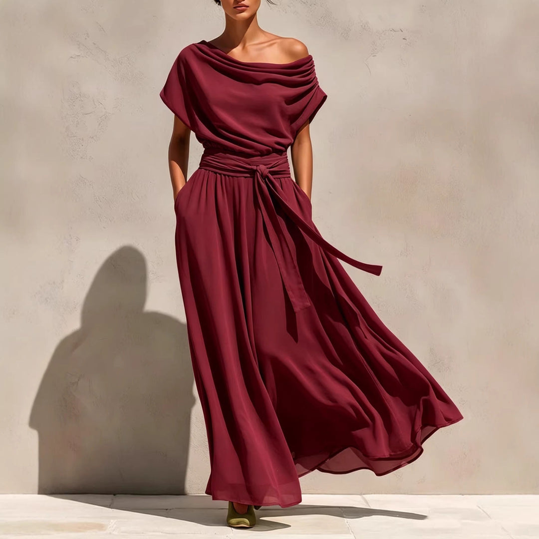 Sophie - Robe élégante à manches courtes et épaules dénudées, cintrée à la taille
