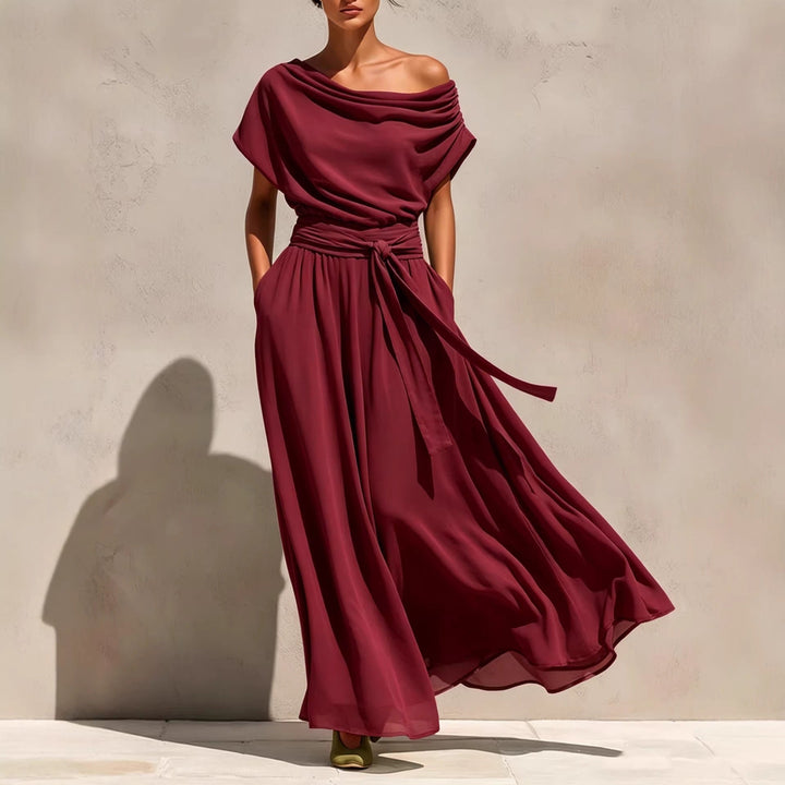 Sophie - Robe élégante à manches courtes et épaules dénudées, cintrée à la taille