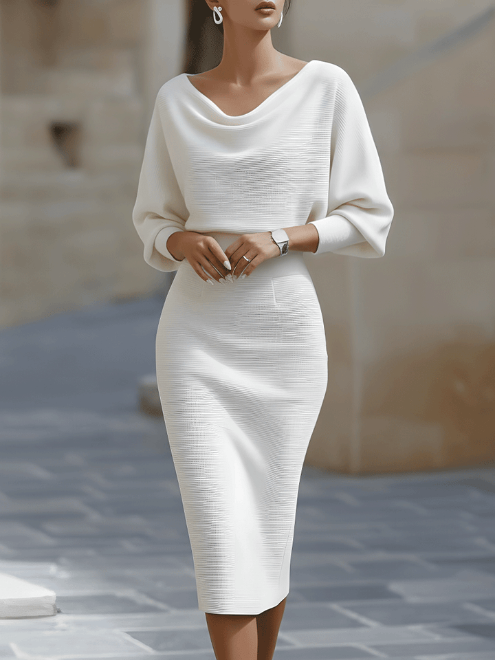 Eliza - Robe midi élégante à col drapé et manches longues amples