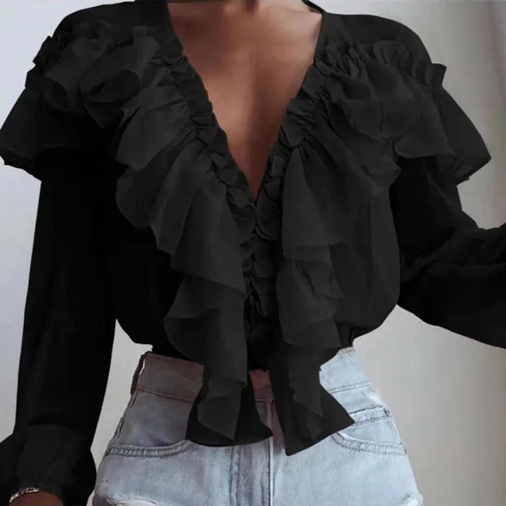 Nychelle - Blouse élégante à manches longues avec volants et col V profond