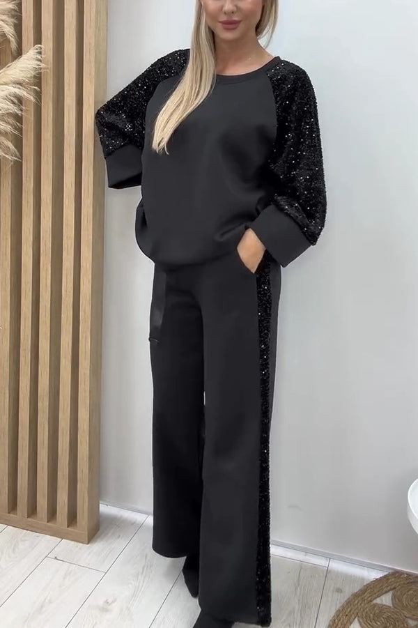 Zianna - Ensemble élégant pull ample à sequins et pantalon large