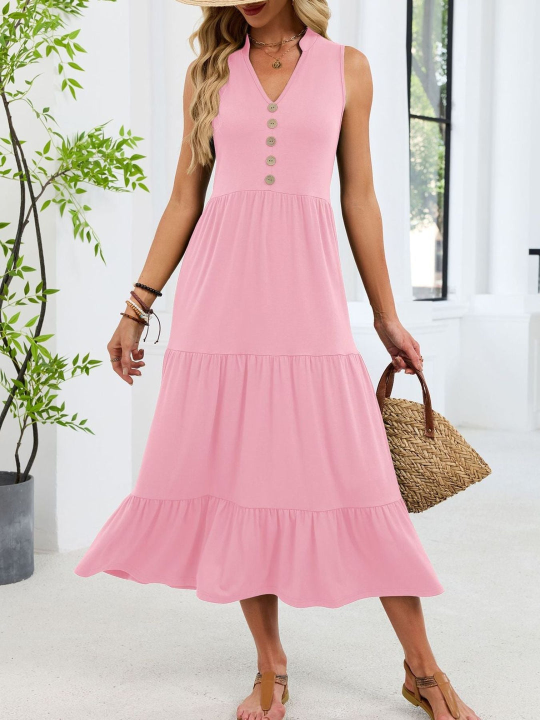 Vanira - Robe midi décontractée ample sans manches à col échancré et volants étagés