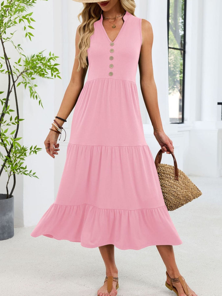 Vanira - Robe midi décontractée ample sans manches à col échancré et volants étagés