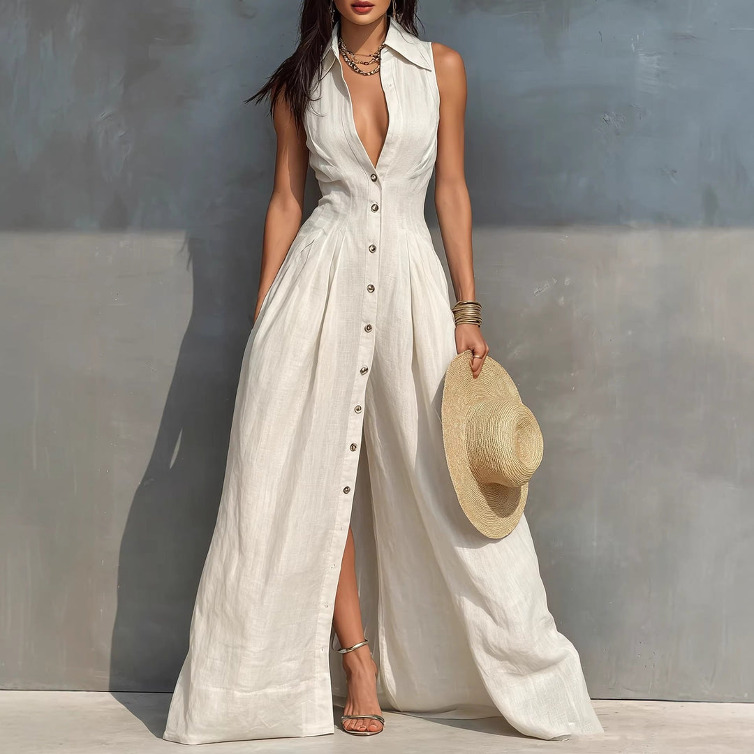 Mathilde - Robe longue élégante à taille haute et boutons