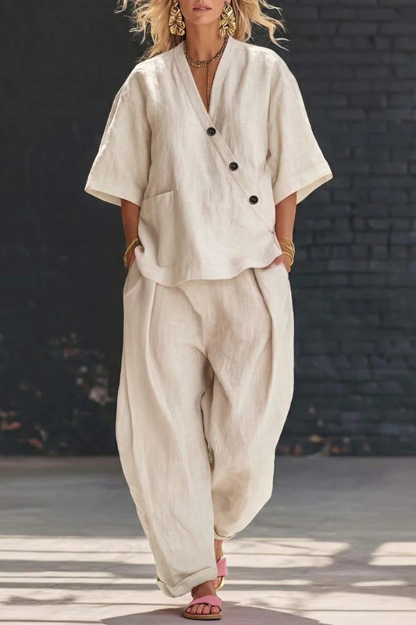 Wendelynn - Ensemble ample décontracté avec haut col en V à manches courtes et pantalon