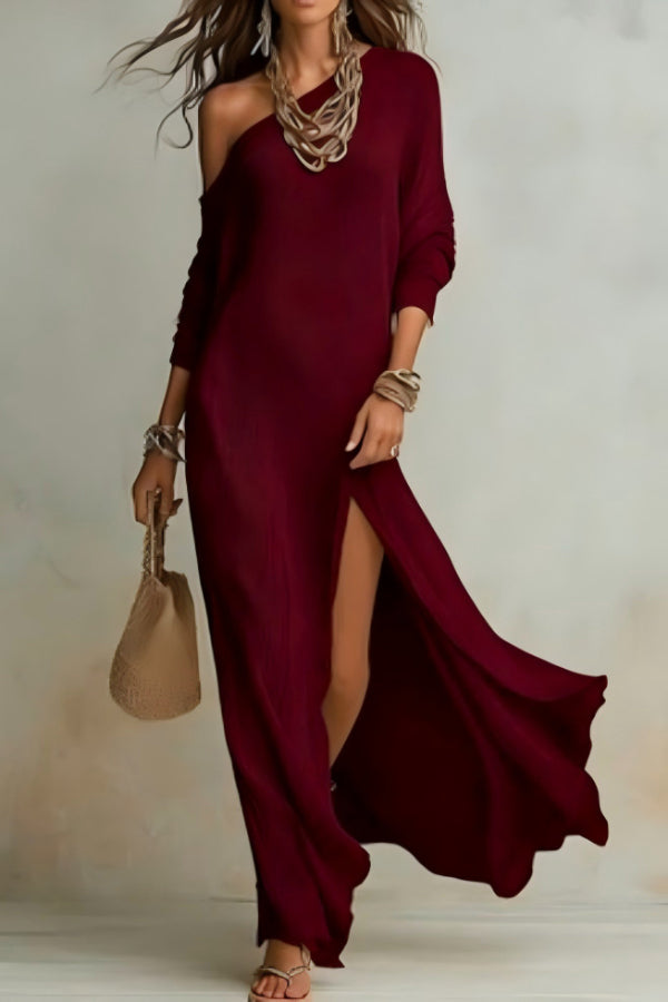 Xylaine - Robe maxi ample à col asymétrique, manches longues et fente