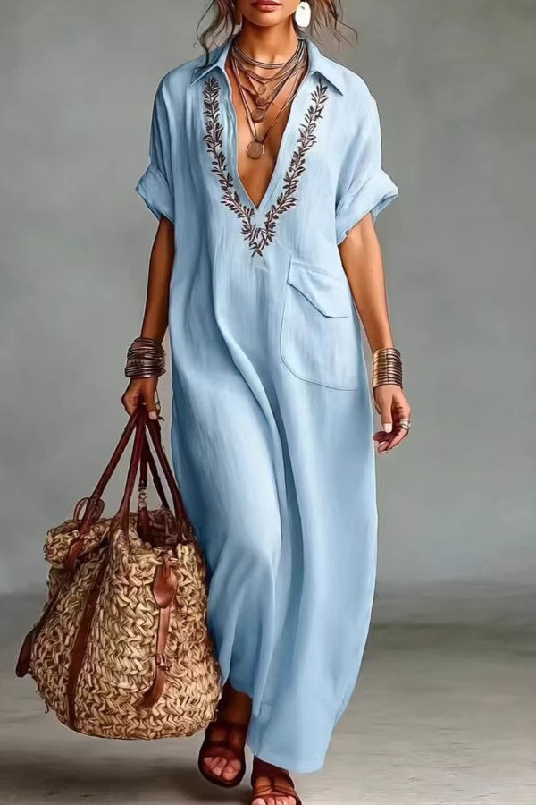 Zayda - Robe longue élégante brodée à col V avec manches courtes amples