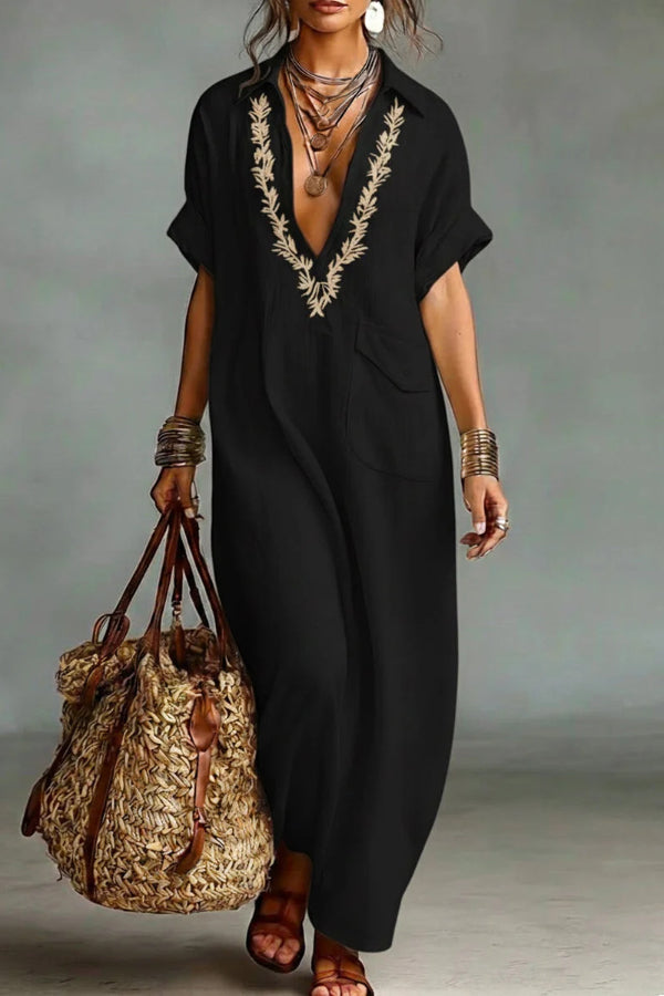 Zayda - Robe longue élégante brodée à col V avec manches courtes amples