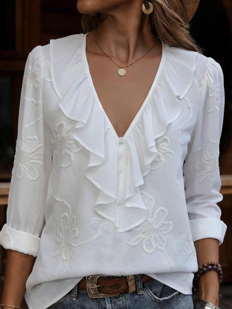 Denise - Blouse élégante à col V avec broderie florale et volants