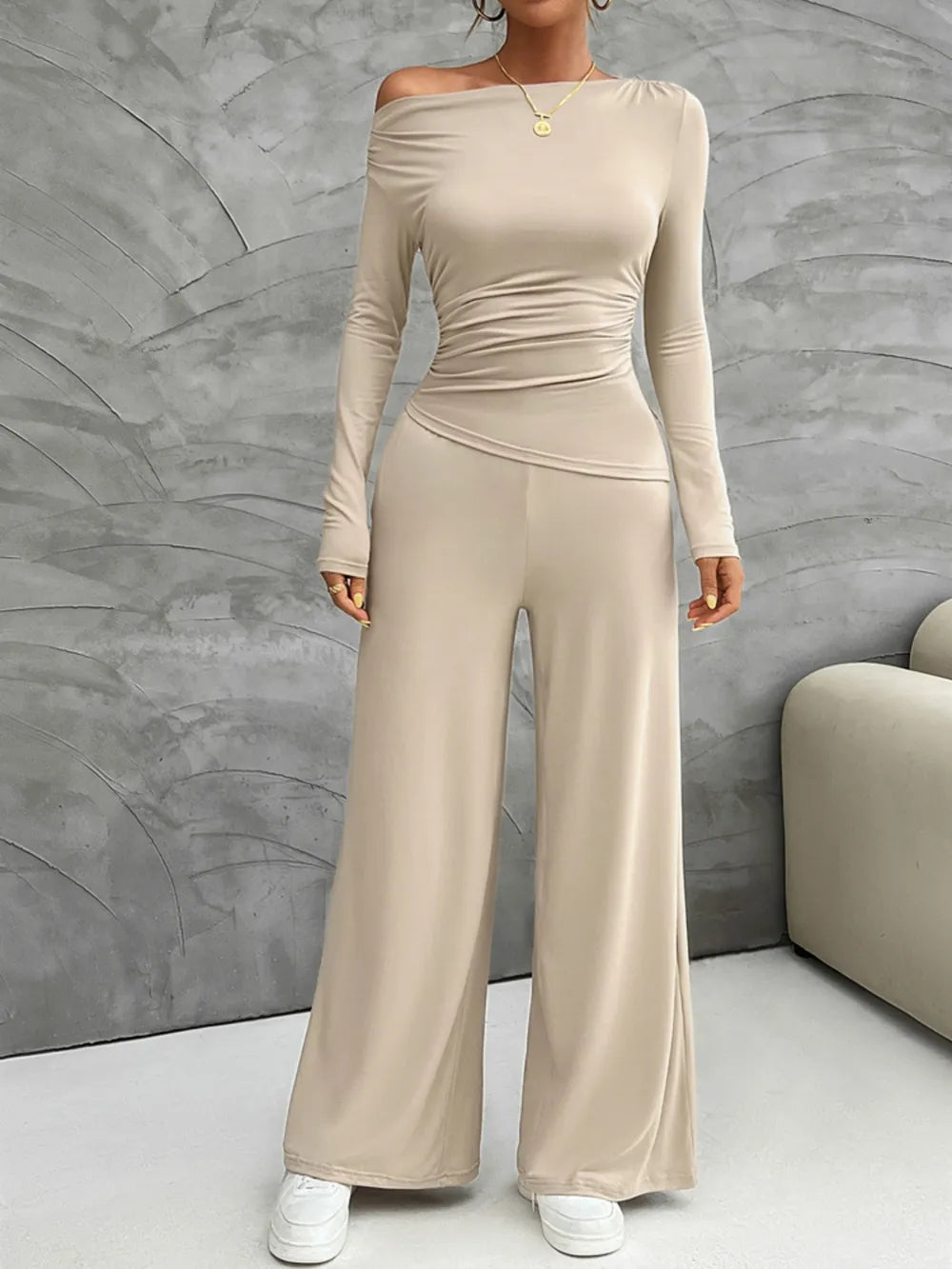 Mireya - Ensemble élégant haut ajusté à manches longues et pantalon large