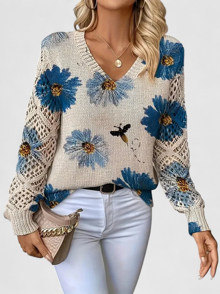 Laryssa - Pull Élégant à Motif Floral Ample et Col V